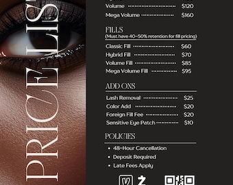 Bearbeitbare Lash Preisliste Vorlage für Canva | Lash Tech Preisliste | Beauty Salon-Menü | Lash Artist Preisübersicht