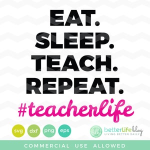 Puede incluir: Texto gráfico en blanco y negro que dice "EAT. SLEEP. TEACH. REPEAT." con un hashtag rosa que dice "#teacherlife".