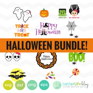 May include: A Halloween digital clipart bundle with 10 images in SVG, DXF, PNG, and EPS formats. The images include a pumpkin, ghosts, a spider web, a skull, a candy corn wreath, bats, a lollipop, and a Frankenstein couple.