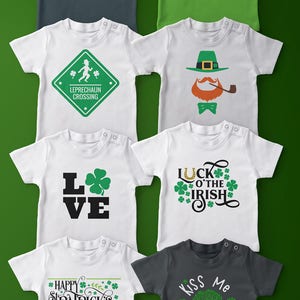 May include: Ten different designs for St. Patrick's Day t-shirts. The designs feature shamrocks, leprechauns, and Irish sayings. The shirts are white, green, and grey.