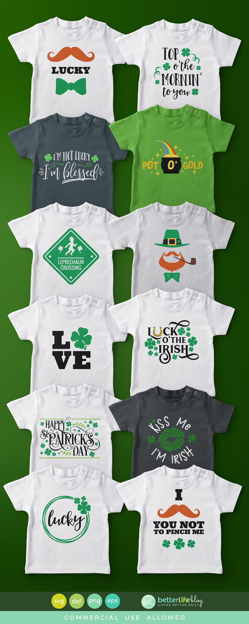 May include: Ten different designs for St. Patrick's Day t-shirts. The designs feature shamrocks, leprechauns, and Irish sayings. The shirts are white, green, and grey.