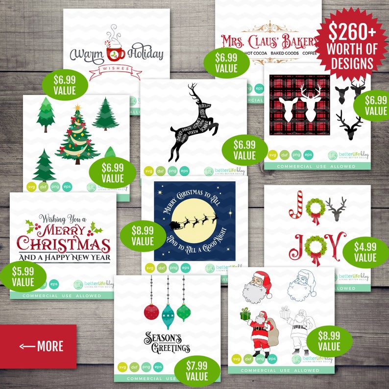 Pu&ograve; includere: Una collezione di 10 design digitali a tema natalizio, tra cui immagini di Babbo Natale, renne, alberi di Natale, decorazioni e design basati su testo come "Buon Natale" e "Gioia". I design sono disponibili per uso commerciale.