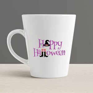 May include: White ceramic mug with a purple "Happy Halloween" design featuring a witch's hat and boots.