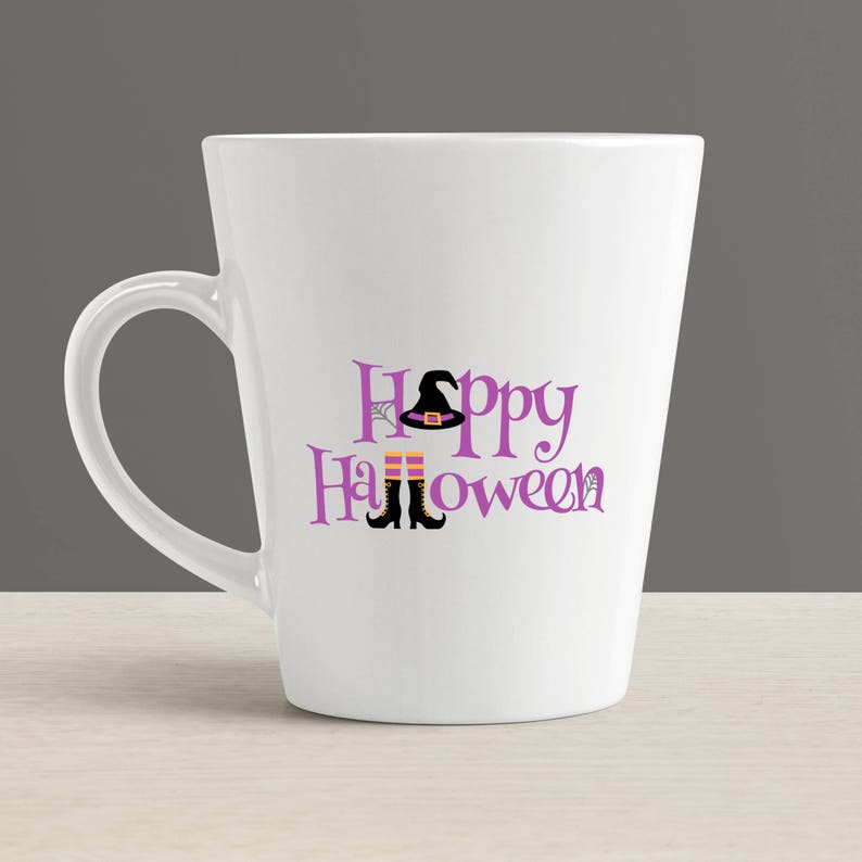 May include: White ceramic mug with a purple "Happy Halloween" design featuring a witch's hat and boots.