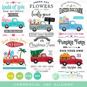 Lot de camions SVG : Coeurs, fleurs, oeufs, plage, citrouilles, Noël arbre camions, camée Silhouette, coupe Cricut fichiers