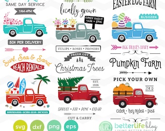 LKW-SVG-Bundle: Herzen, Blumen, Eier, Strand, Kürbisse, Weihnachten Baum LKW, Silhouette Cameo, Cricut geschnitten Dateien