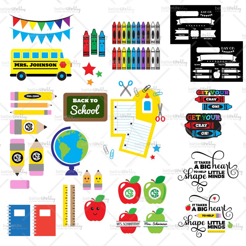 Puede incluir: Un conjunto de im&aacute;genes de clipart coloridas de regreso a la escuela, que incluyen un autob&uacute;s escolar, crayones, l&aacute;pices, un globo terr&aacute;queo, una manzana, una regla, tijeras y una pizarra con las palabras "De vuelta a la escuela".
