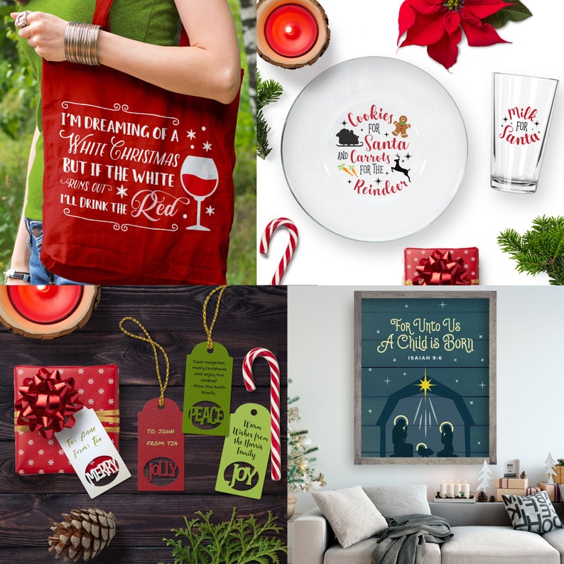 Pu&ograve; includere: Un collage di articoli a tema natalizio, tra cui una borsa di tela rossa con il testo "Sogno un Natale bianco, ma se il bianco finisce, berr&ograve; rosso", un piatto bianco con il testo "Biscotti per Babbo Natale e carote per le renne", un bicchiere con il testo "Latte per Babbo Natale", una scatola regalo rossa con un fiocco rosso, tre etichette regalo con il testo "Pace", "A John da parte di Tia Jolly", e "Calorosi auguri dalla famiglia Harris Joy", una canna di zucchero e una stampa incorniciata con il testo "Perch&eacute; per noi &egrave; nato un bambino Isaia 9:6" che rappresenta la scena della Nativit&agrave;.