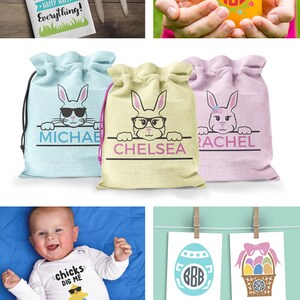 May include: A set of Easter-themed digital designs featuring bunnies, eggs, chicks, and monograms. The designs are perfect for creating personalised gifts, home decor, and apparel. The designs are available in SVG, DXF, PNG, and EPS formats.