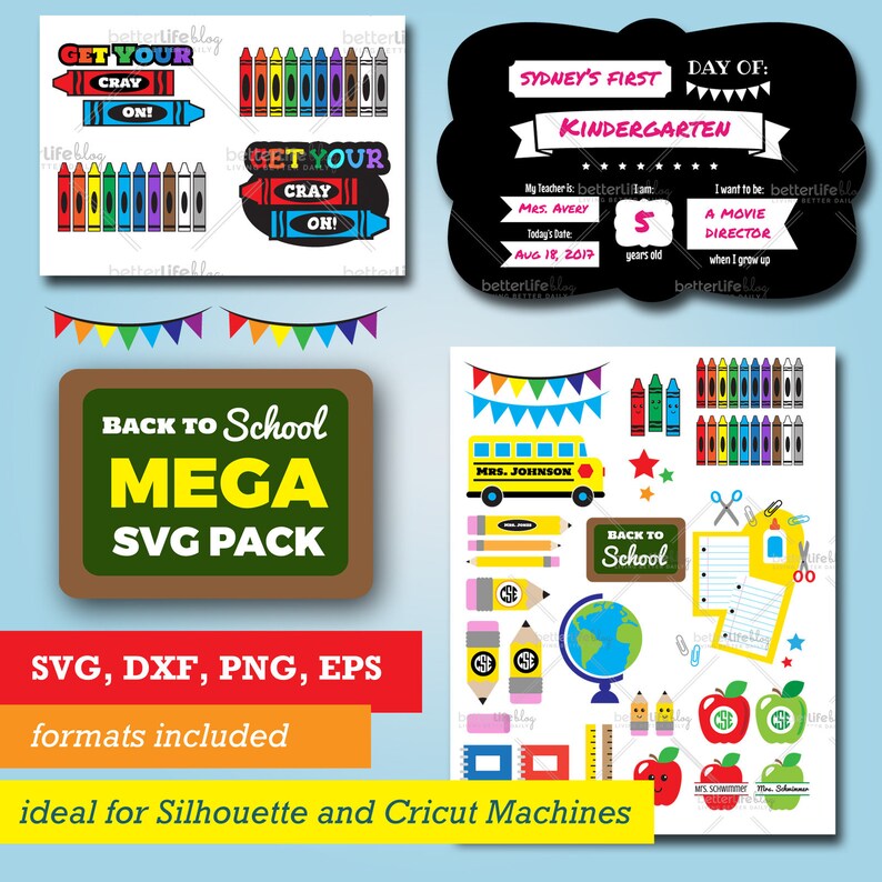 Puede incluir: Paquete Mega de SVG de Vuelta al Cole, una descarga digital con una variedad de archivos SVG con tem&aacute;tica escolar, incluyendo l&aacute;pices de colores, l&aacute;pices, un autob&uacute;s escolar, una manzana, un globo terr&aacute;queo, una regla y un cartel de vuelta al cole. El paquete tambi&eacute;n incluye los formatos DXF, PNG y EPS.