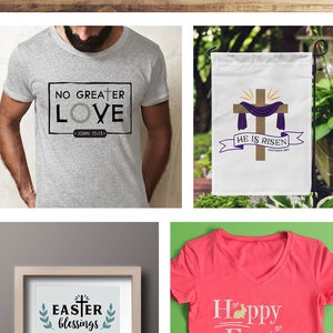 May include: A collection of Easter-themed designs featuring a blue truck with eggs, a cross with a purple banner, a wreath with flowers, and various text designs including "No Greater Love", "He is Risen", "Easter Blessings", and "Happy Easter".