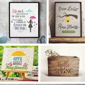 May include: A collection of spring-themed SVG cut files for crafting and design projects. The designs include a bicycle with flowers, a blooming flower, a happy Easter bunny, a quote about dancing in the rain, a jar of honey, a sign that says "hello spring", and a sign that says "April showers bring May flowers".