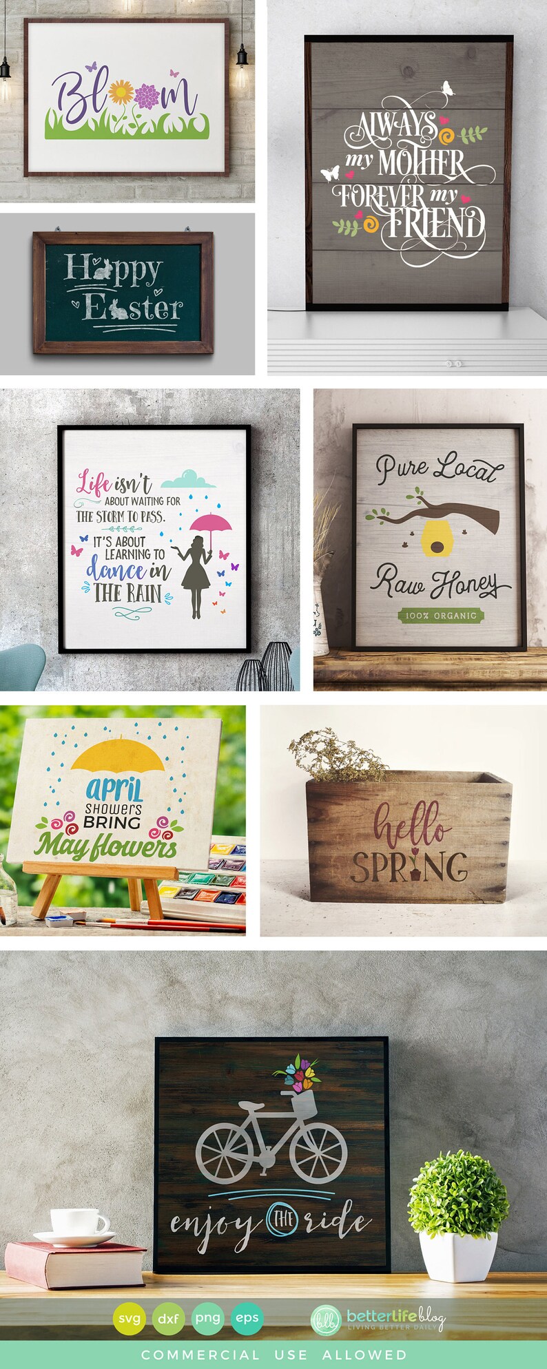 May include: A collection of spring-themed SVG cut files for crafting and design projects. The designs include a bicycle with flowers, a blooming flower, a happy Easter bunny, a quote about dancing in the rain, a jar of honey, a sign that says "hello spring", and a sign that says "April showers bring May flowers".