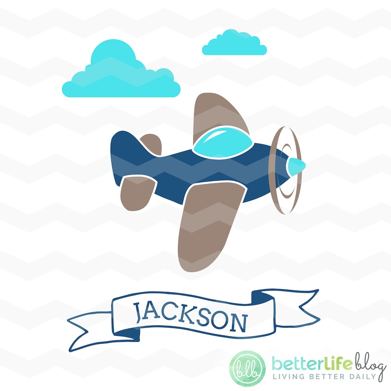May include: Blue and brown aeroplane with a blue propeller flying above two blue clouds with a white banner that says "JACKSON" underneath.