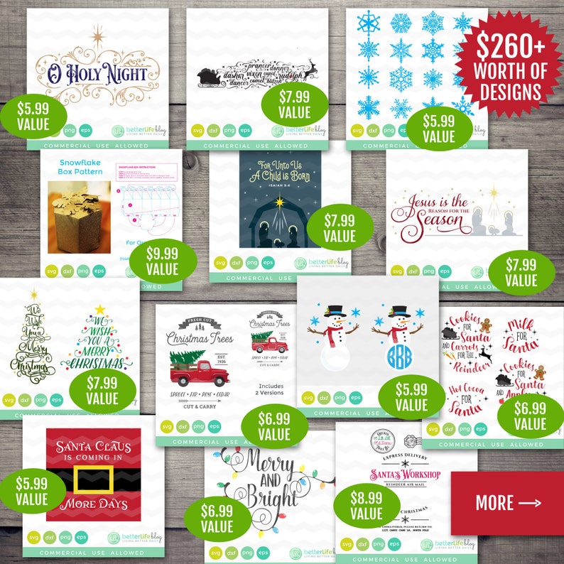 Pu&ograve; includere: Una collezione di 12 disegni natalizi digitali per l'artigianato e l'uso commerciale. I disegni includono una variet&agrave; di temi, come "O Holy Night", "Modello di scatola di fiocchi di neve", "Perch&eacute; per noi &egrave; nato un bambino", "Ges&ugrave; &egrave; la ragione della stagione", "Ti auguriamo un felice Natale", "Alberi di Natale", "Babbo Natale arriva in pi&ugrave; giorni", "Allegri e luminosi", "Officina di Babbo Natale", "Biscotti e carote per Babbo Natale", "Latte per Babbo Natale" e "Cioccolata calda per Babbo Natale".