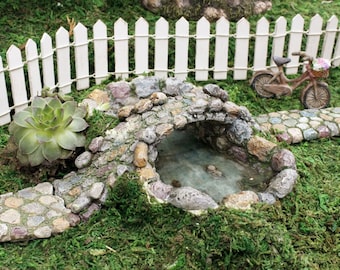 Miniature Pond with Stone Bridge Walkway, Fairy Garden Bridge over Pond, Fairy Garden Water Feature