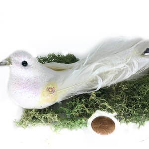 White Bird with Long Tail, White Glitter Bird, Sparkly Bird with White Feathers, Decorative Bird