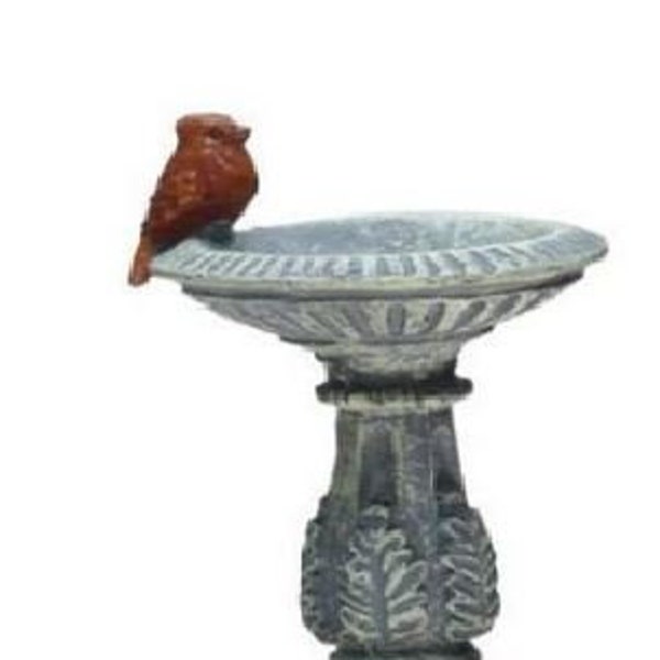 Miniature Gray Bird Bath with A Red Bird, Fairy Garden Accessory