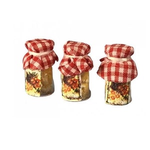 Miniature Honey Jars,  Set of 3 Dollhouse Kitchen Jars, Red Check Covered Jars