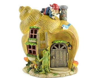 Yellow Fairy Garden Snail House with Gnomes