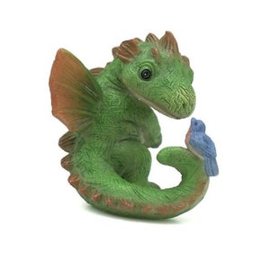 Green Baby Dragon with a Bluebird, Fairy Garden Dragon, Dragon Cake Topper