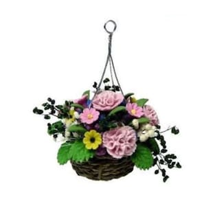 Artificial Miniature Carnation Hanging Basket, Pink Floral Arrangement, Dollhouse Flowers, Dollhouse Decor