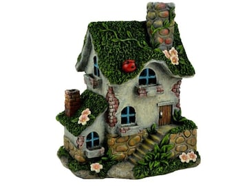 Solar Cottage with Moss Roof,  Fairy Garden House with Ladybug, Birthday or Christmas Gift