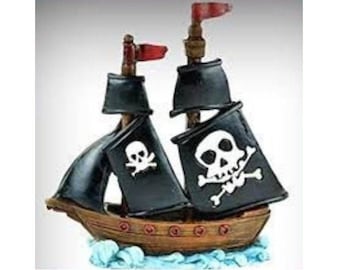 Pirate Ship with Black Sails, Beach Fairy Garden Accessory,  Pirate Theme Cake Topper