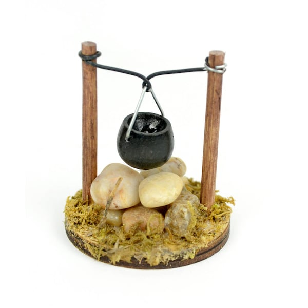 Miniature Wood Fairy Garden Fire Pit with Cooking Pot, 2"