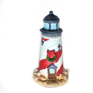 Christmas  Lighthouse, 4.2&quot; Holiday Beach Lighthouse, Red and White Striped Lighthouse