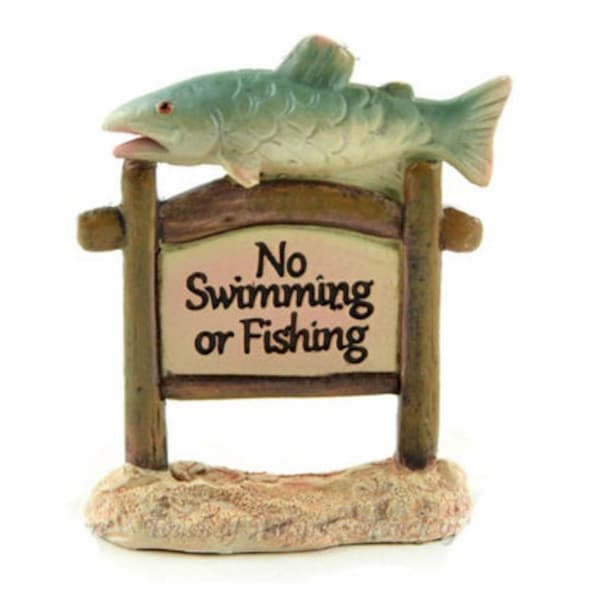 Miniature 'No Swimming or Fishing' Sign, Lake Sign, Fairy Garden Accessory, Fish Theme Cake Topper