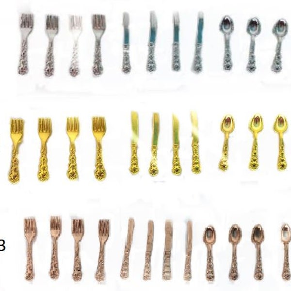 Miniature Dollhouse Flatware, Choice of Miniature Silverware Sets, Forks, Knives, Spoons in Tones of Silver, Gold and Rose Gold