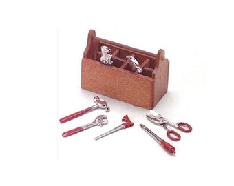 Dollhouse Wooden Tool Kit, Miniature Metal Tools in Wood Tote, Miniature Carpenter Tools