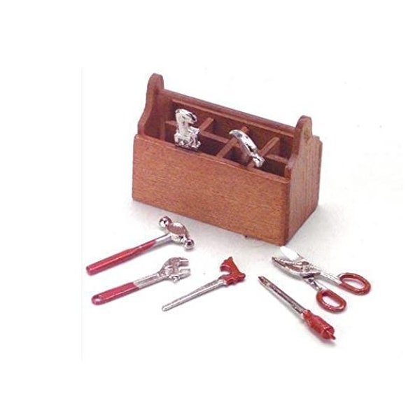 Dollhouse Wooden Tool Kit, Miniature Metal Tools in Wood Tote, Miniature Carpenter Tools