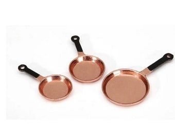 Dollhouse Copper Frying Pans,  Set of 3 Miniature Frying Pans, Dollhouse Kitchen