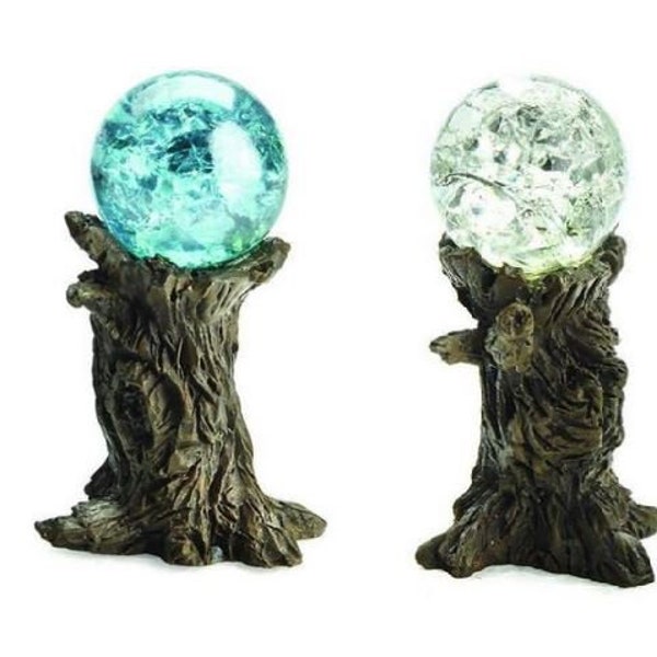 Choice of Fairy Garden Gazing Ball on Tree Stump, 2" Blue or Clear Crackled Gazing Ball