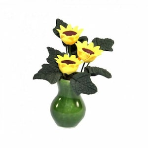 Miniature Artificial Sunflowers in a Green Vase, Yellow Dollhouse or Fairy Garden Flowers