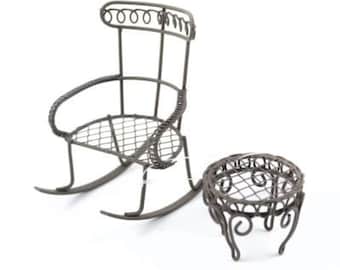 Micro-Mini Brown Rocking Chair with Table,  Rustic Fairy Furniture, Metal Fairy Garden Accessory