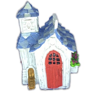 May include: A miniature white church with a blue and white checkered roof, a red door with a window, and a small flower box with purple flowers.