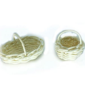 Pair of White Woven Baskets,  Oval and Round Basket with Handles, Dollhouse Baskets