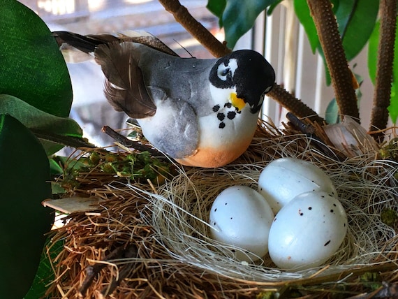 Spring Nest, Orange and Gray Bird With Nest and 3 Eggs, Two-toned