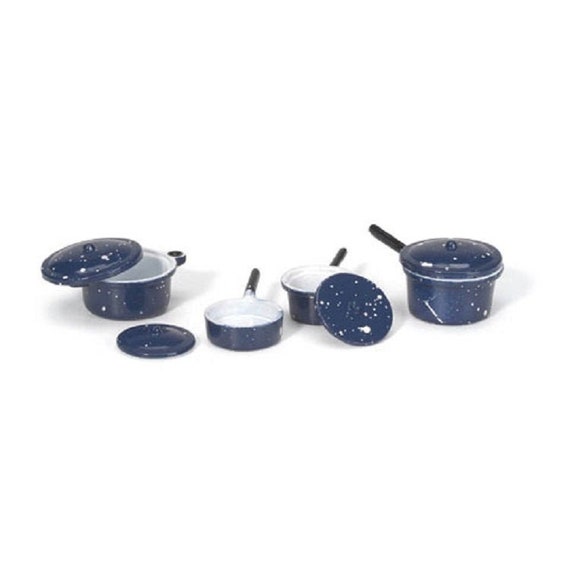 Dollhouse Miniature Pots and Pans, Miniature Speckled Blue Pots