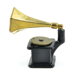 Dollhouse Miniature Record Player, Black and Gold Tone Gramophone