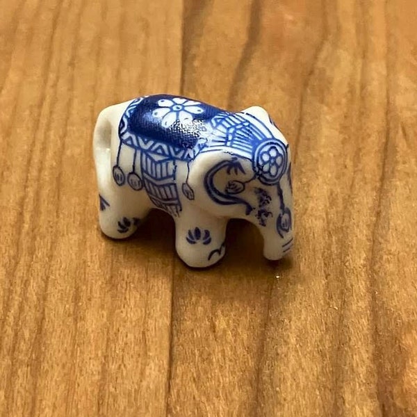 Miniature Delft Blue and White Elephant, Dollhouse Ceramic Elephant,  Zen Garden Figurine