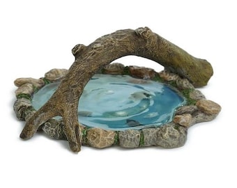 Miniature Pond with Log Bridge, Pond with Blue &#39;Water&#39; Surrounded by Stones, Unique Fairy Garden Pond
