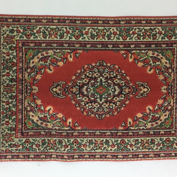 Miniature Red Oriental Rug, Dollhouse Rug, Woven Polyester Rug, 6.5" Long Turkish Rug
