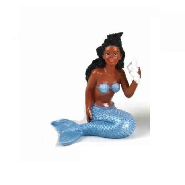 African American Mermaid Holding a Shell,  Ebony Mermaid in Blue, Ocean Mermaid of Color