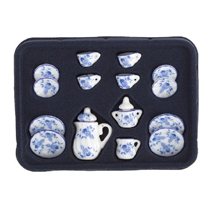 Set De Té En Miniatura 1:12 De Porcelana | 15 Piezas Para Casa De Muñecas Con Decoración De Flores Azules
