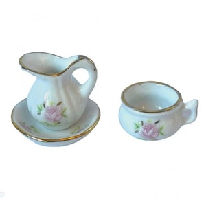 Miniature Bathroom Washing Pitcher, Bowl and Chamber Pot, Dollhouse Bath Set