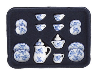 Dollhouse Miniature Blue and White Tea Set, Miniature Tea Set,  Dollhouse Kitchen Supply